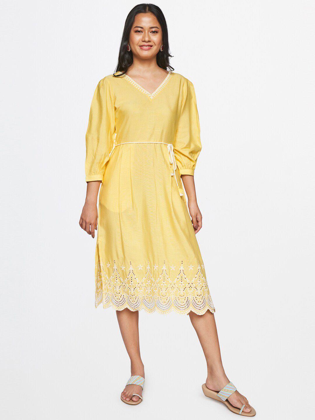 global desi women yellow a-line midi dress