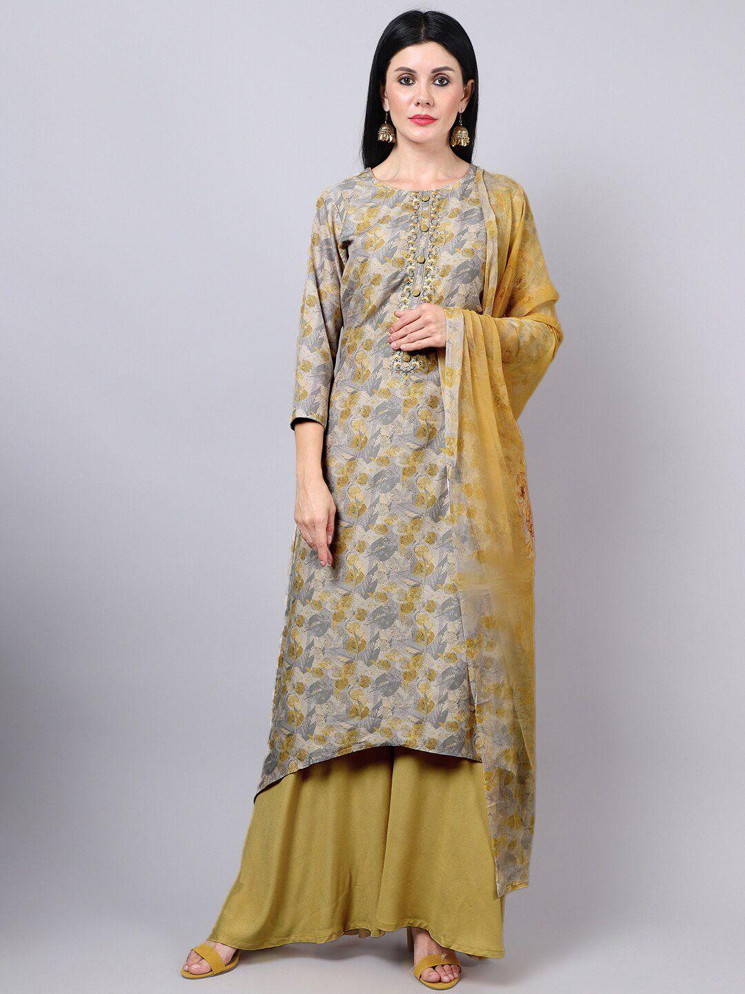 stylee lifestyle yellow & grey printed pure silk unstitched dress material