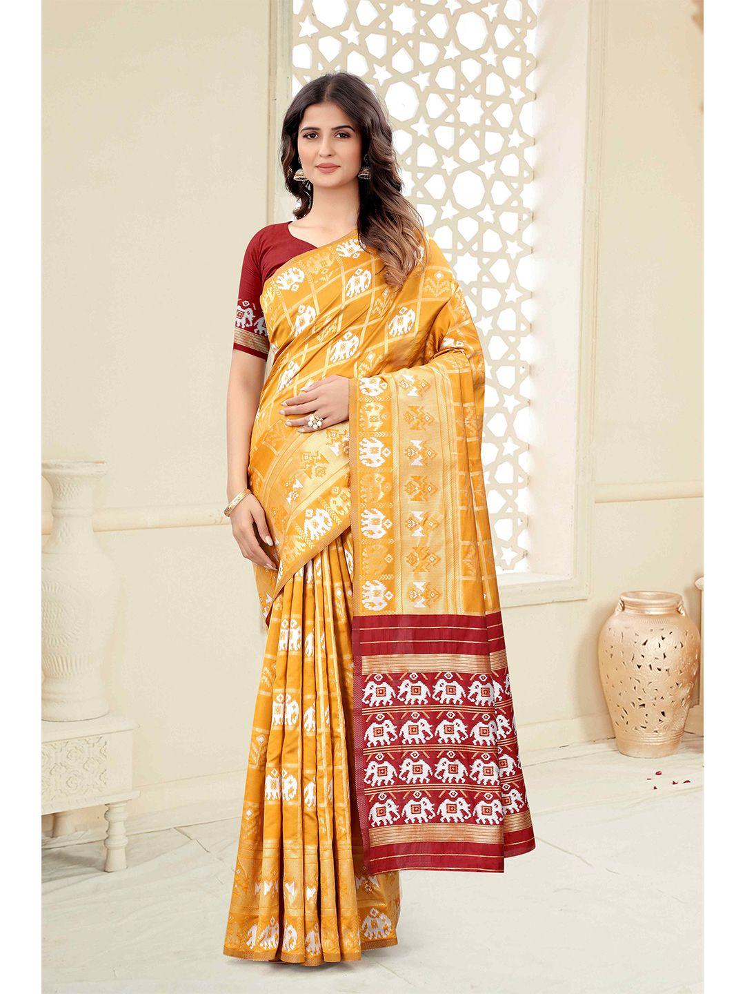 mizzific yellow & red floral zari silk cotton banarasi saree