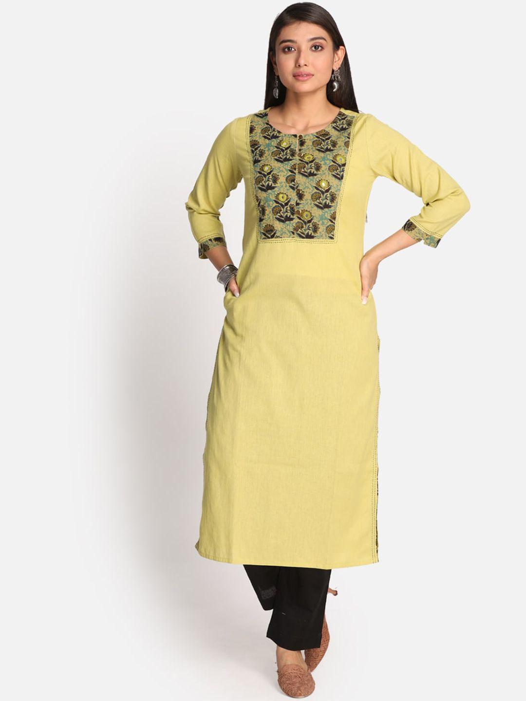 earthwear women lime green & turquoise blue embroidered mirror work pure cotton kurta