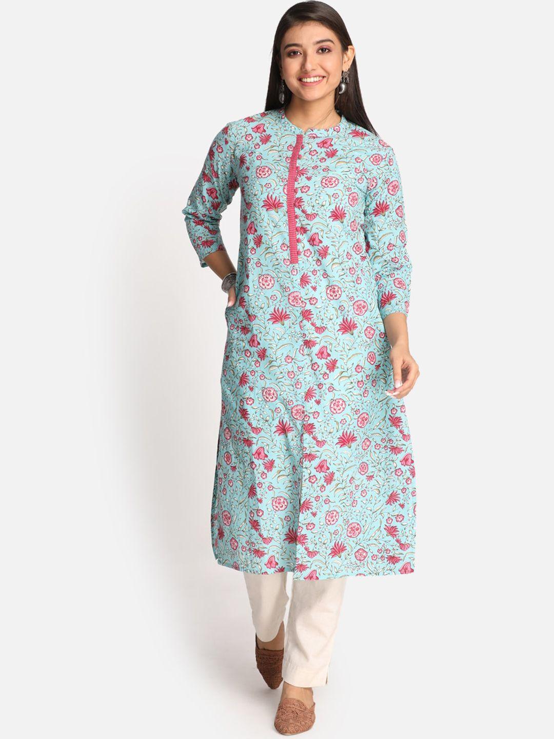 earthwear women turquoise blue floral printed kurta