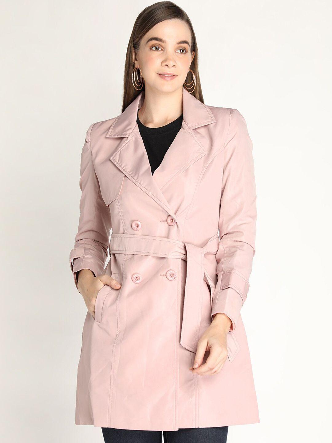 honnete women pink solid trench coats with belt