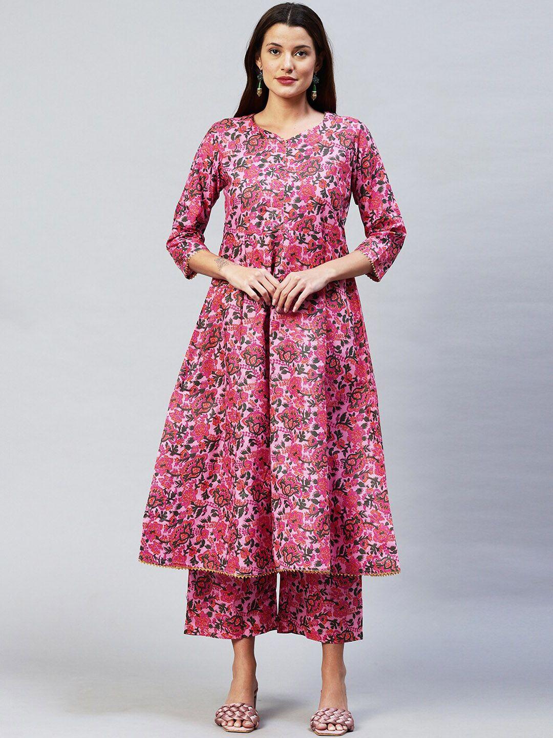 kalini women pink floral printed panelled kurta with palazzo