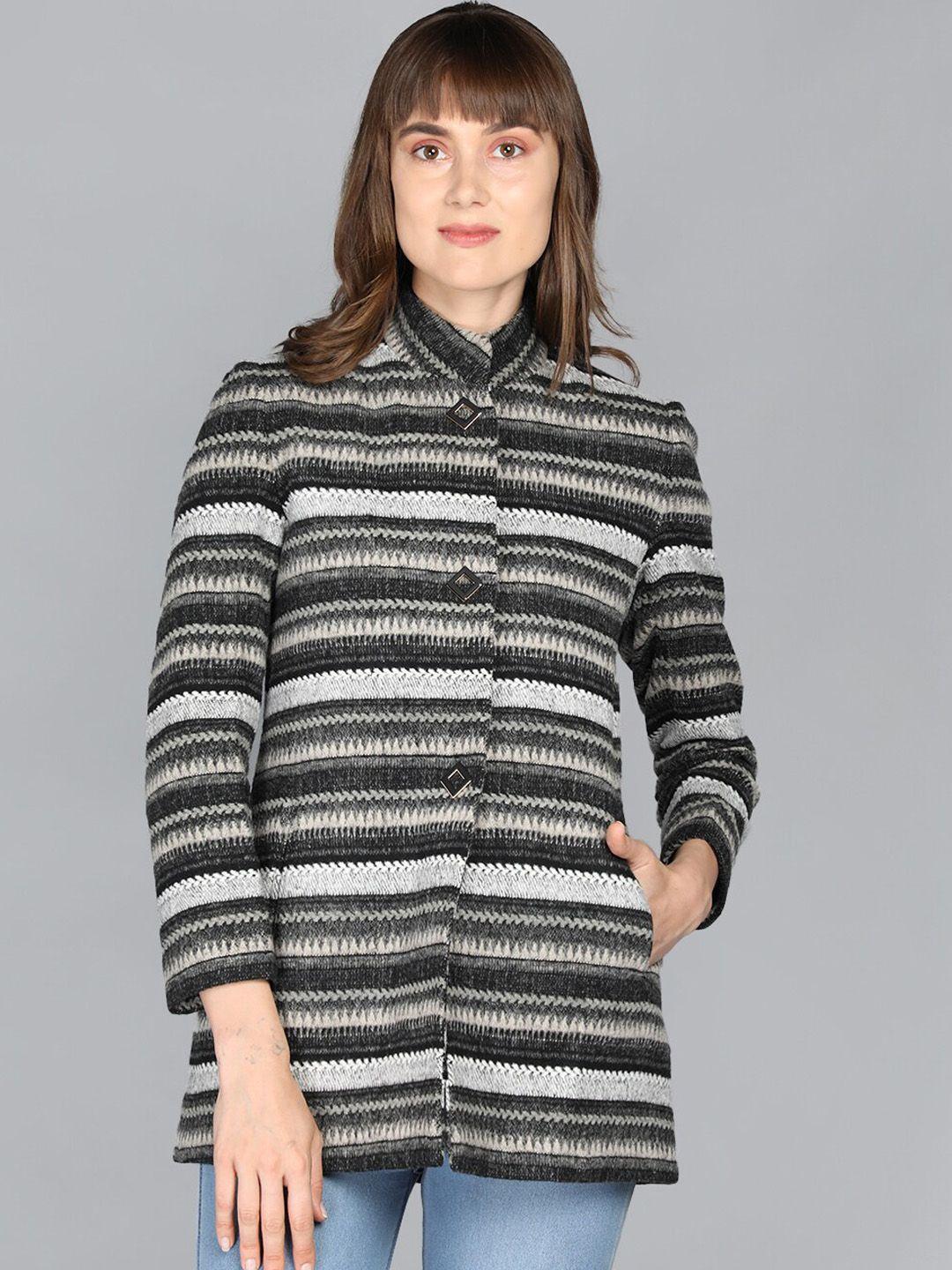 lure urban women charcoal & grey striped woolen winter over coats