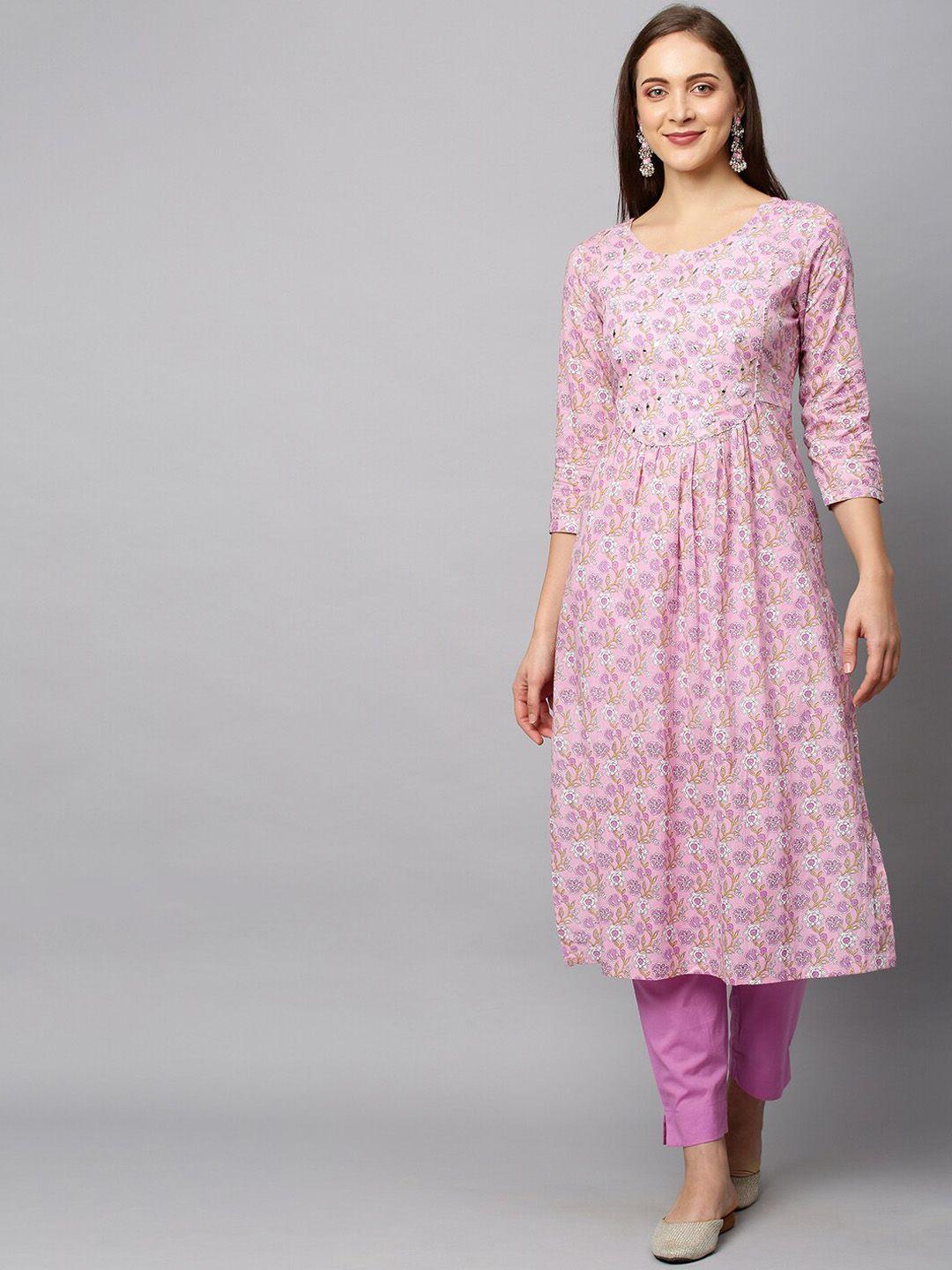 fashor women pink ethnic motifs printed empire mirror work pure cotton kurta with trousers