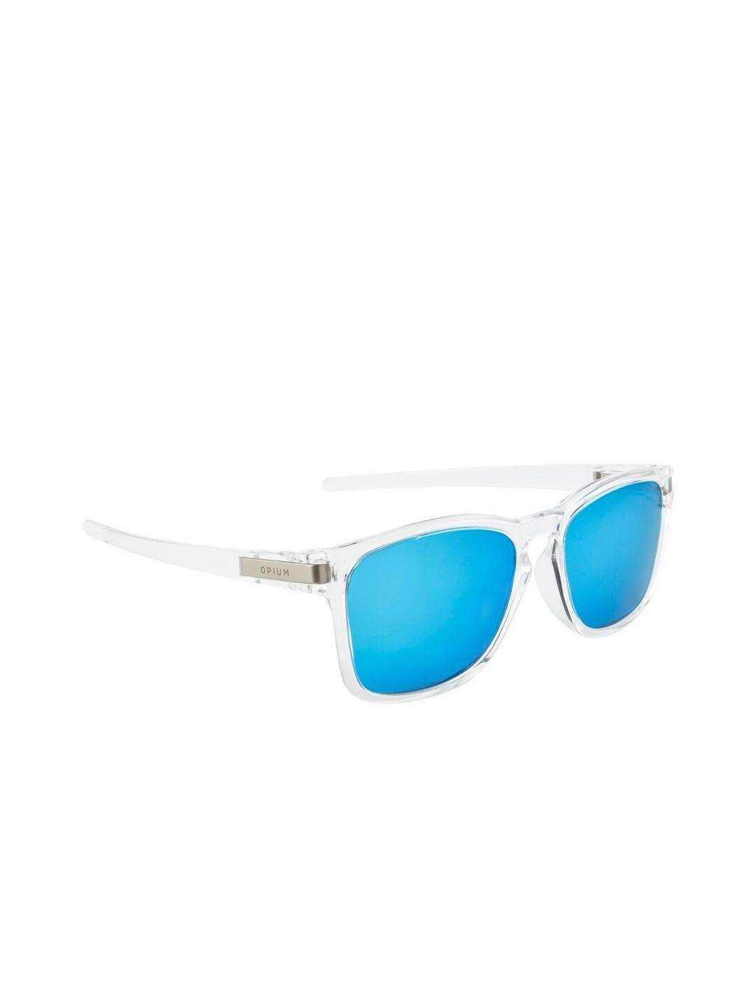 opium men blue lens & white wayfarer sunglasses with polarised and uv protected lens