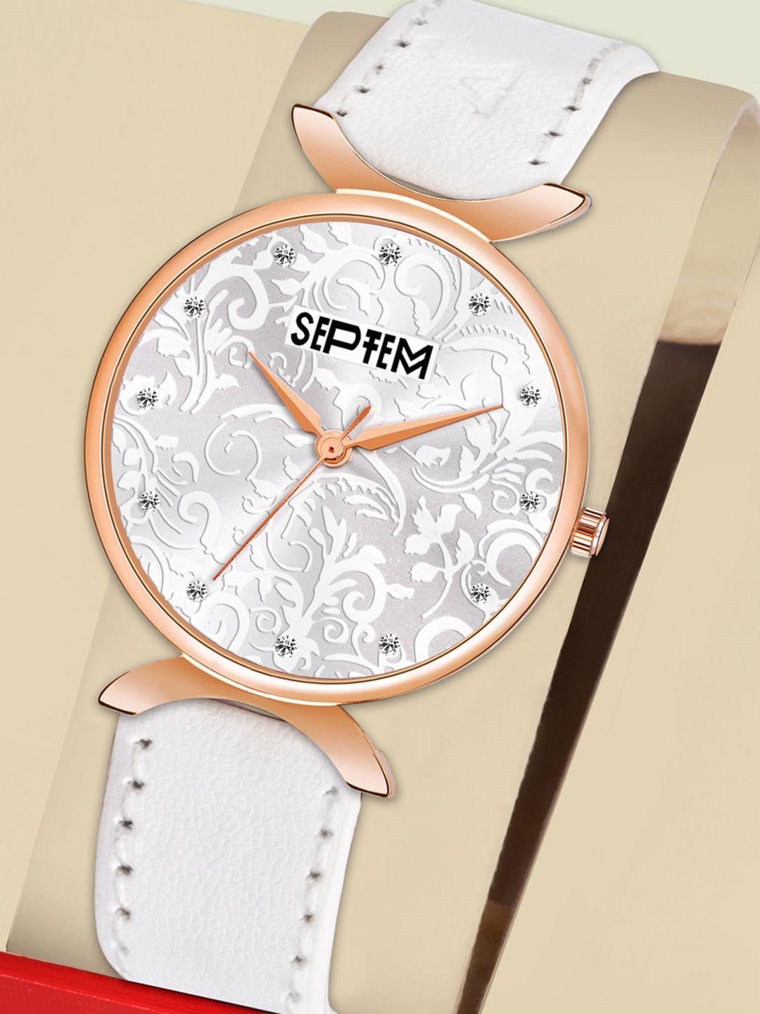 septem women silver-toned embellished dial & white leather bracelet style straps analogue watch