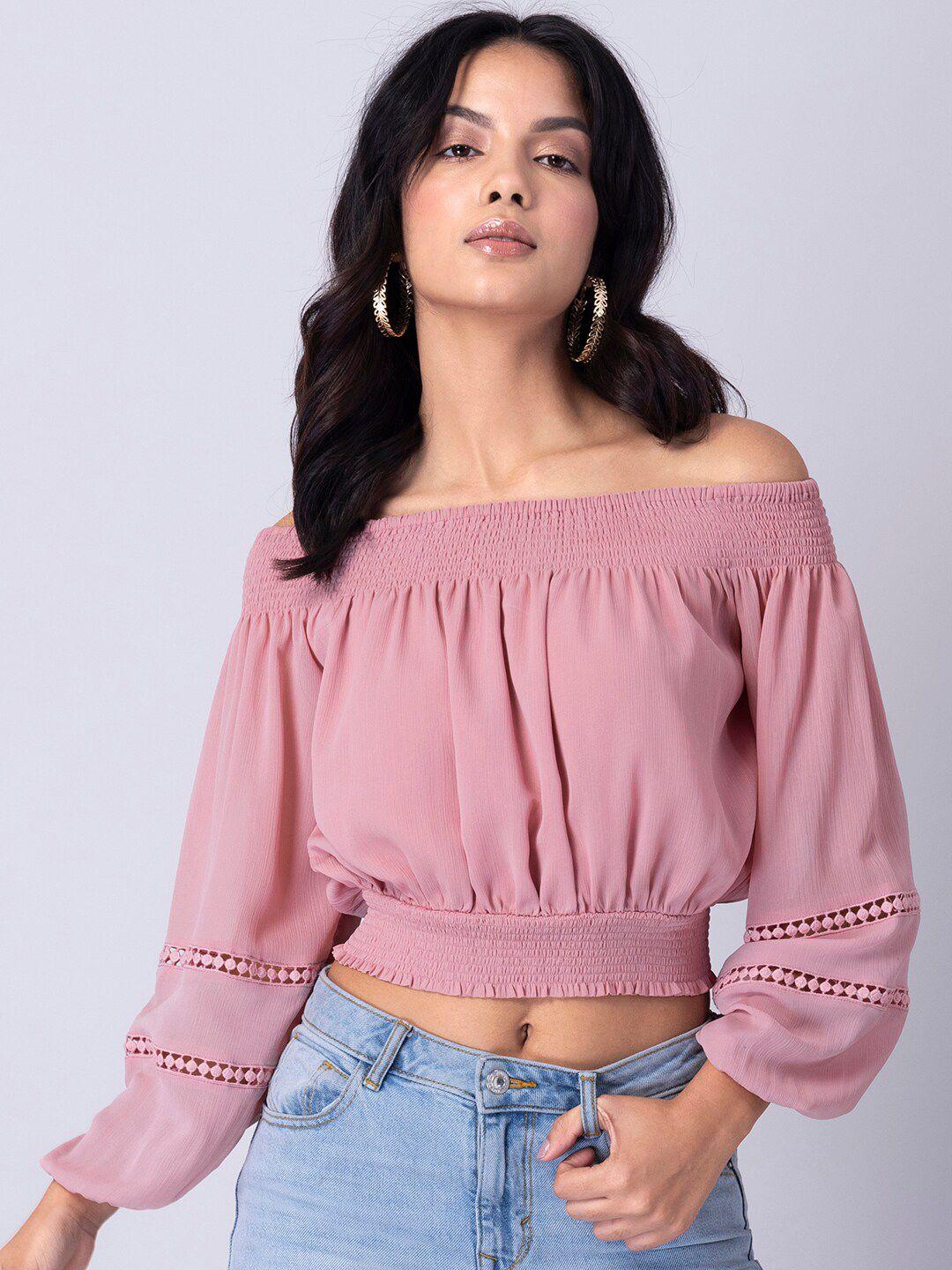 faballey women pink off-shoulder georgette bardot crop top