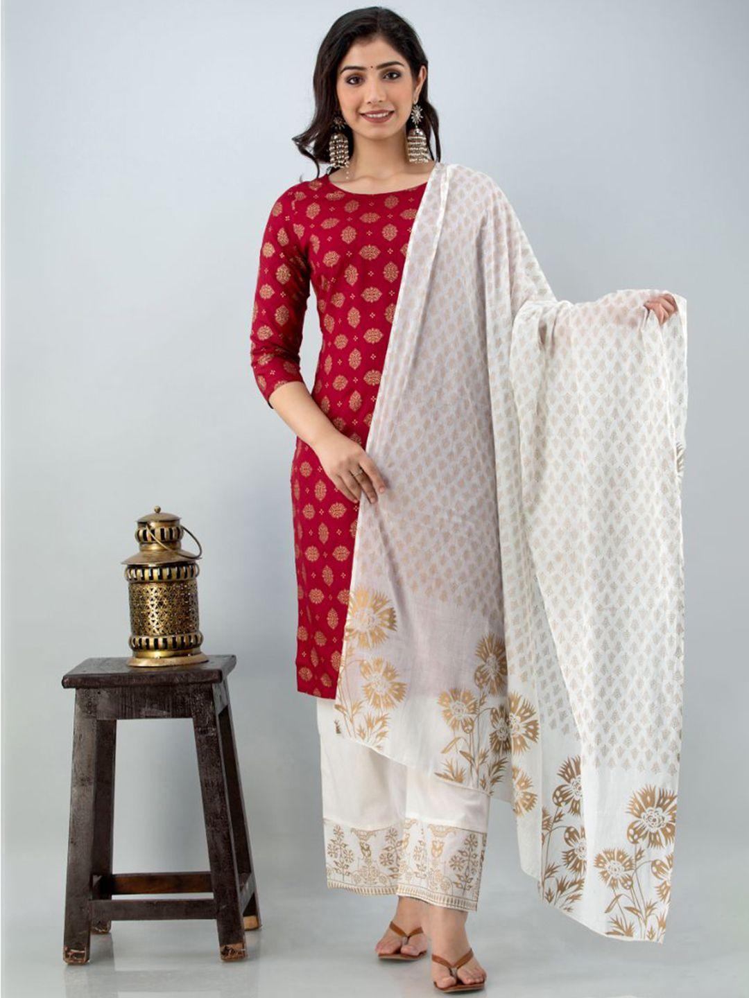 lovista women red ethnic motifs printed kurta with trousers & with dupatta