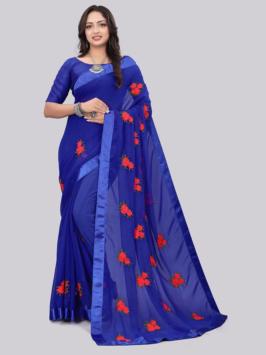 jsitaliya blue & red floral pure georgette saree