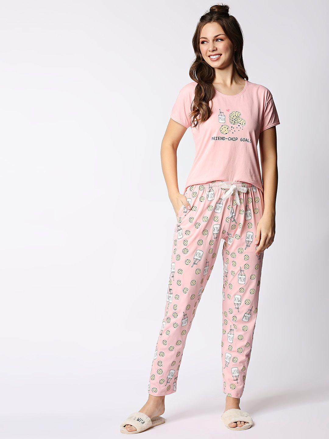 i like me women peach-coloured & green printed pure cotton night suit