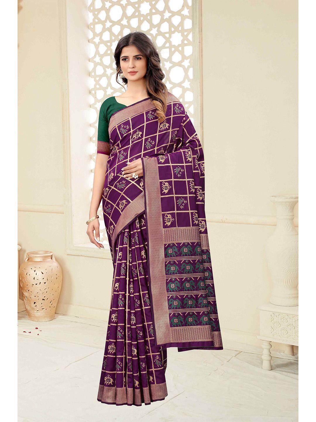 mizzific purple & green woven design zari silk cotton banarasi saree