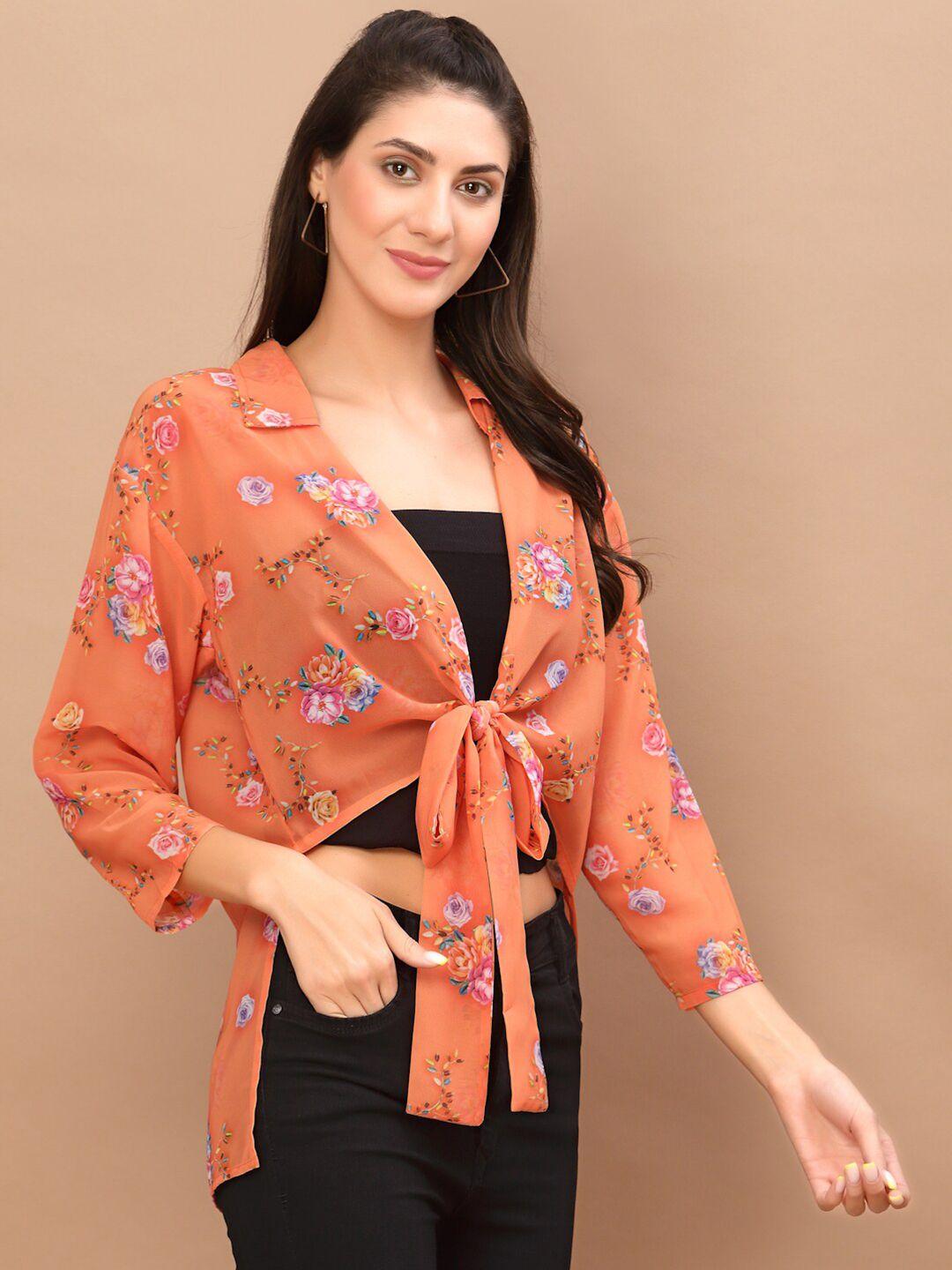 kassually women orange & blue printed high low knotted shrug