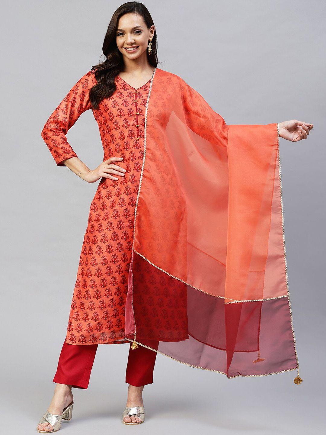 kalini women orange floral printed chanderi cotton kurta with trousers & dupatta