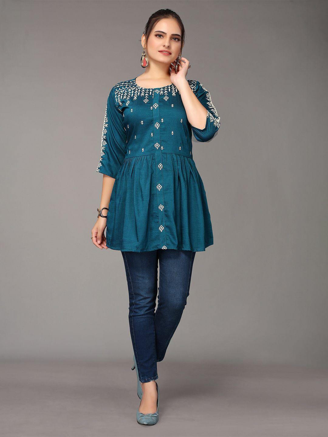 nimayaa teal blue embroidered indigo cinched waist top