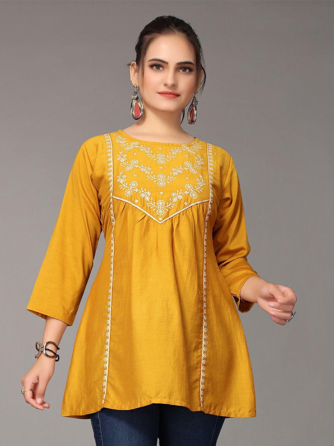 nimayaa women mustard yellow floral embroidered top