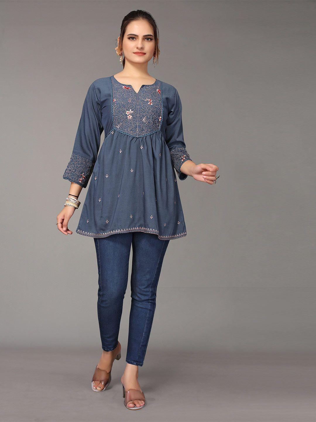 nimayaa blue viscose blend floral embroidered short top