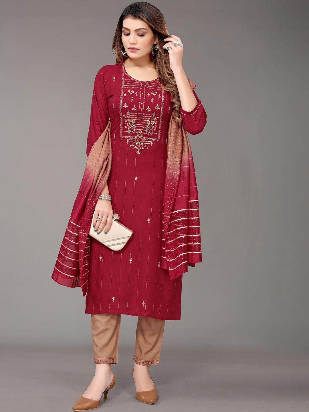 nimayaa women maroon floral embroidered kurta with trousers & with dupatta