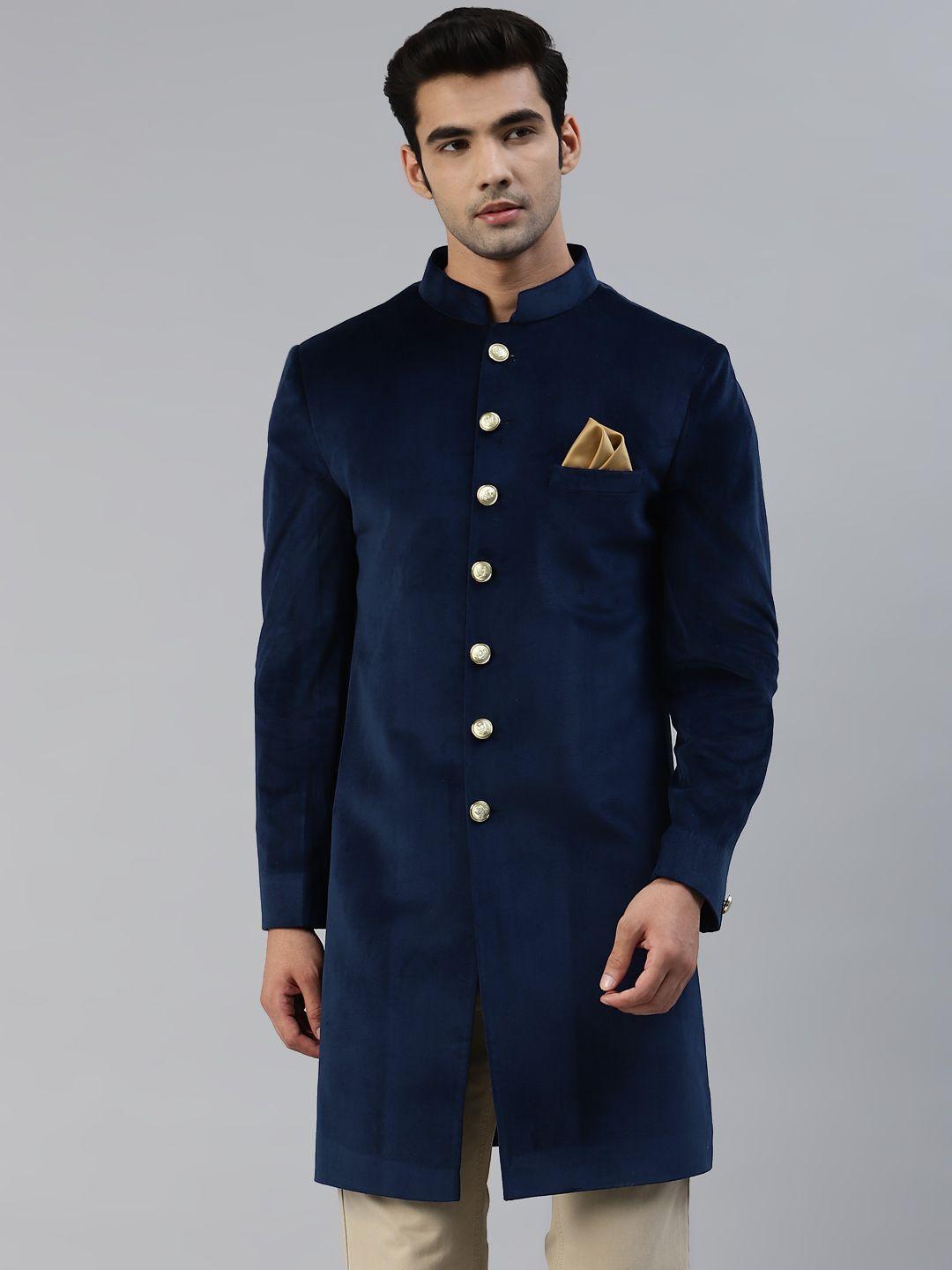 luxrio men navy blue solid slim fit sherwani