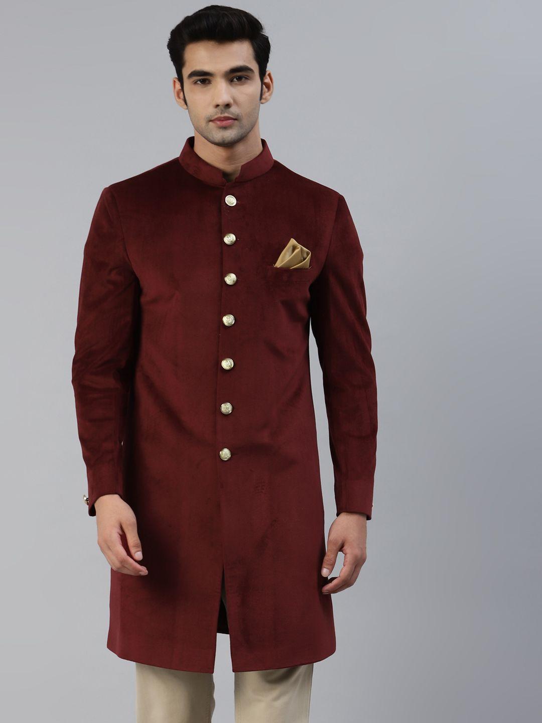 luxrio men maroon solid slim fit sherwani