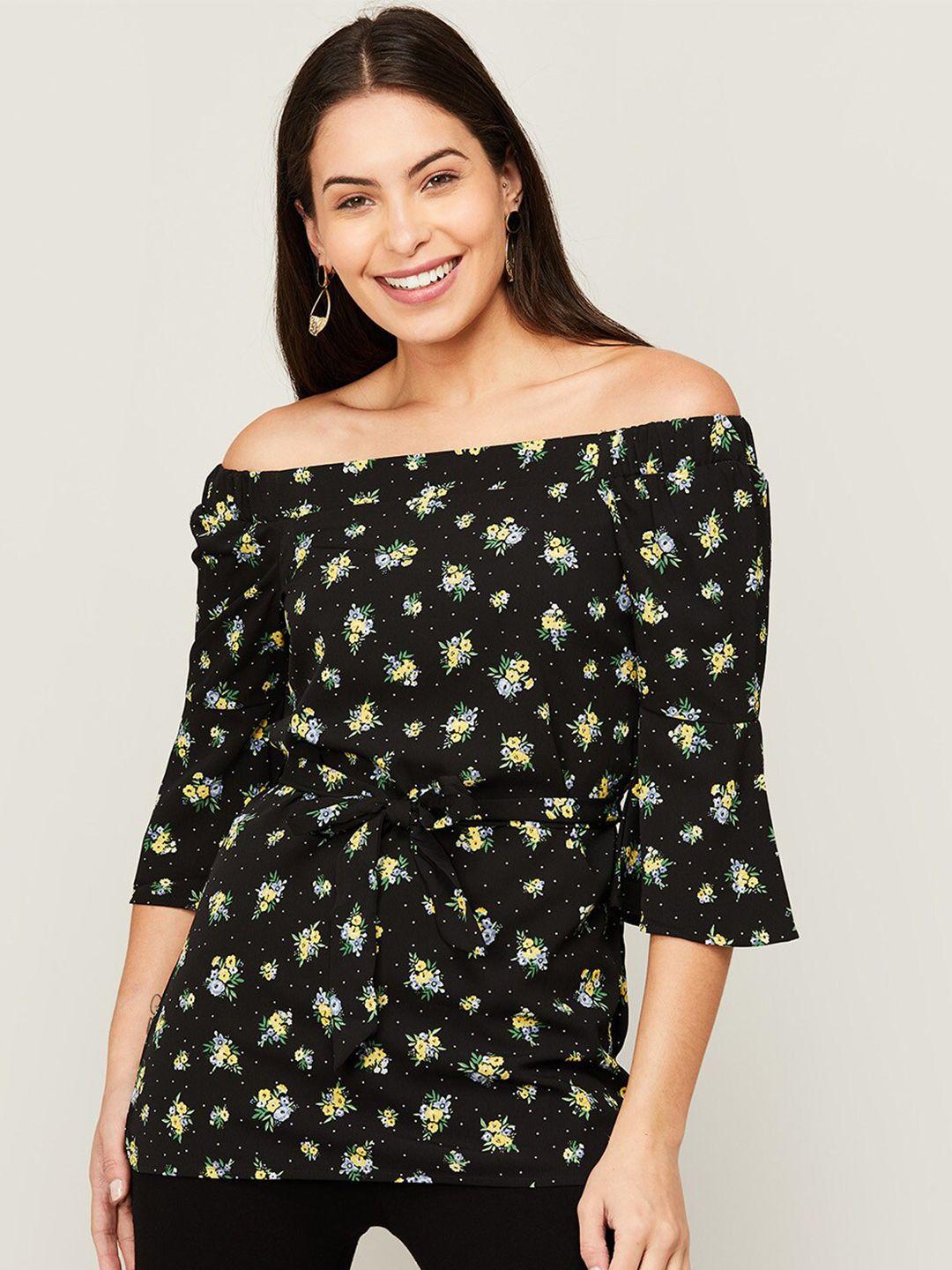 code by lifestyle green & black floral print off-shoulder bardot top