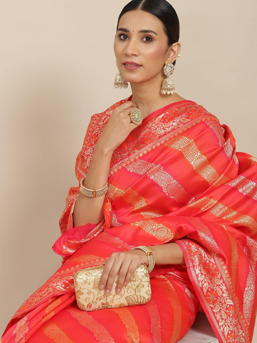 ishin orange & silver striped zari banarasi saree