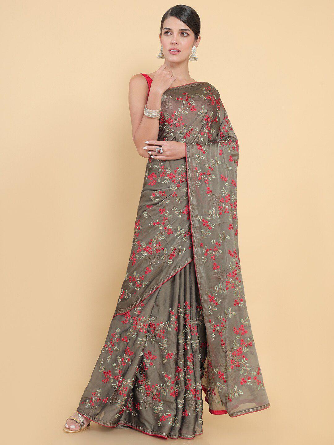 soch grey & pink floral embroidered pure georgette saree