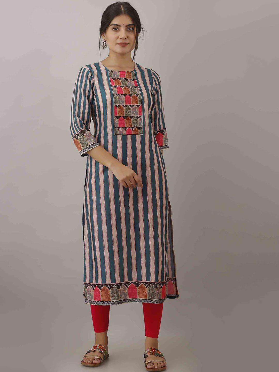 kalini women turquoise blue & pink striped straight kurta