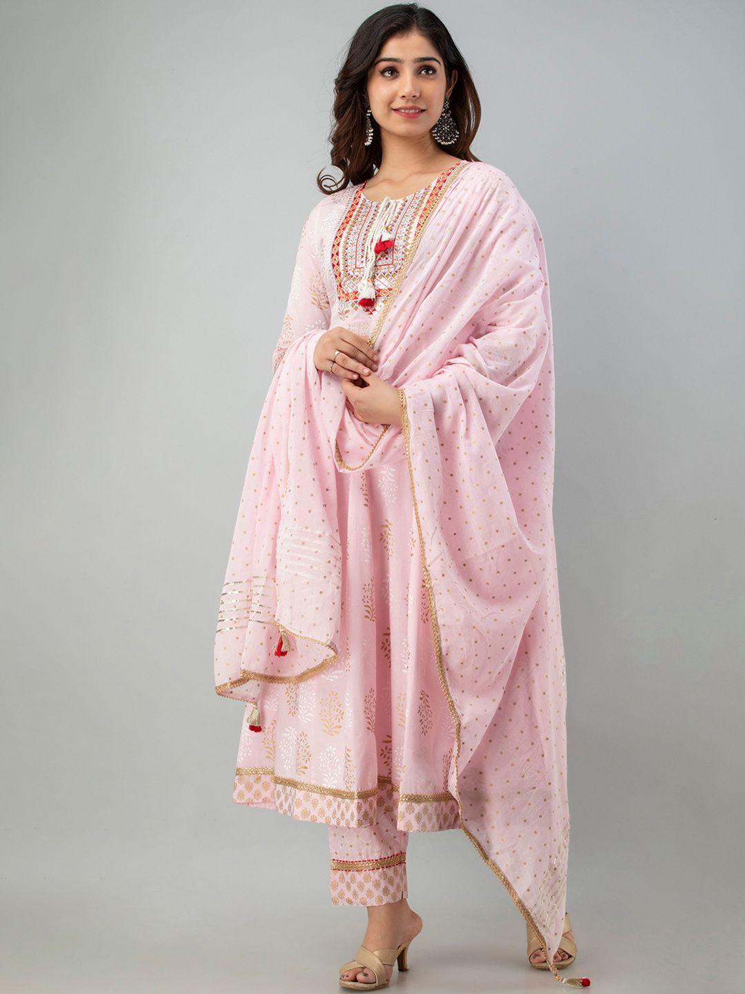 charu women pink floral printed layered pure cotton kurta with trousers & with dupatta