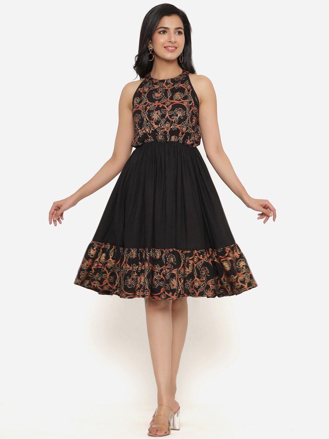 purshottam wala black & orange floral halter neck dress