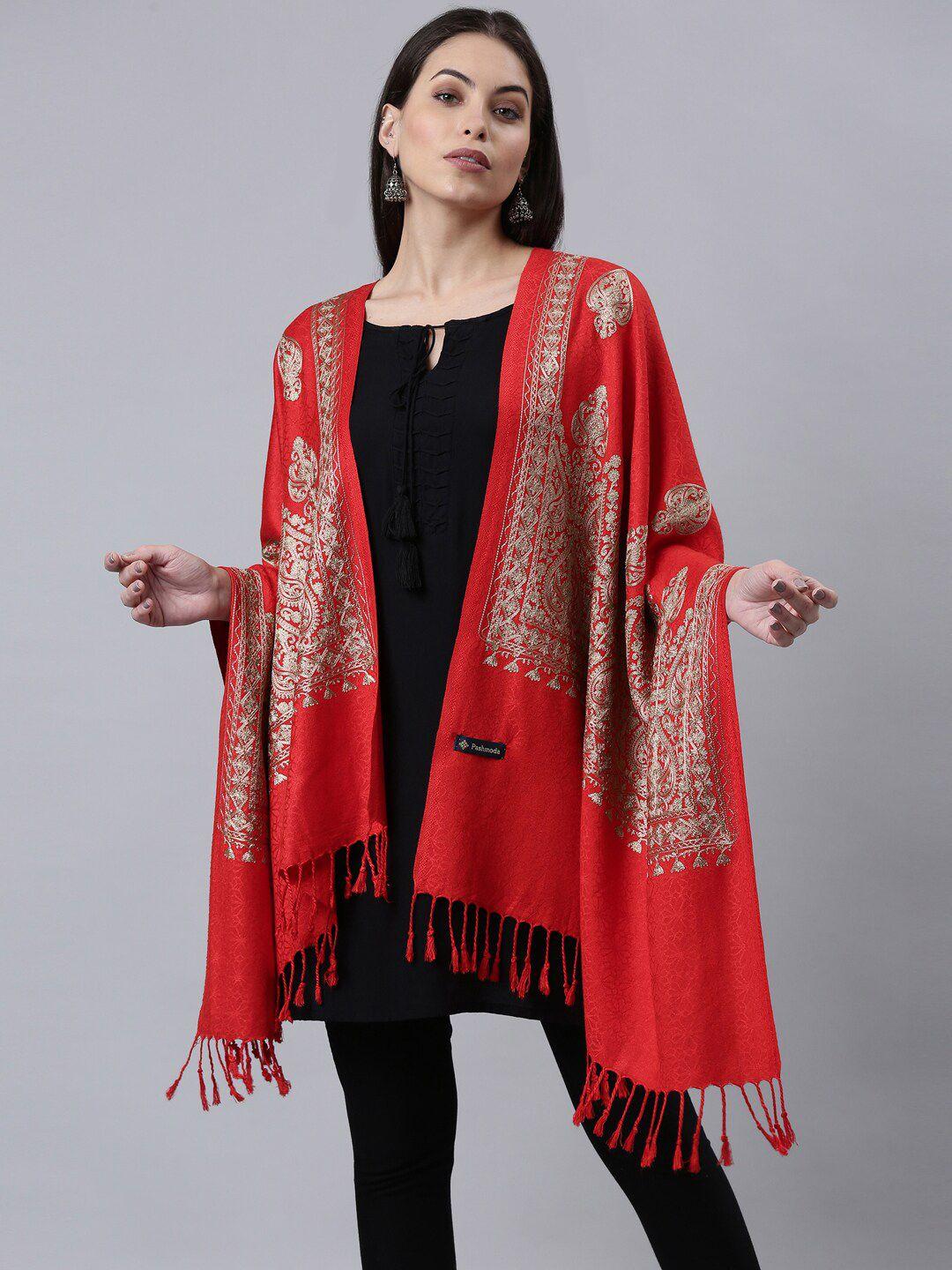 pashmoda women red & silver-toned embroidered shawl