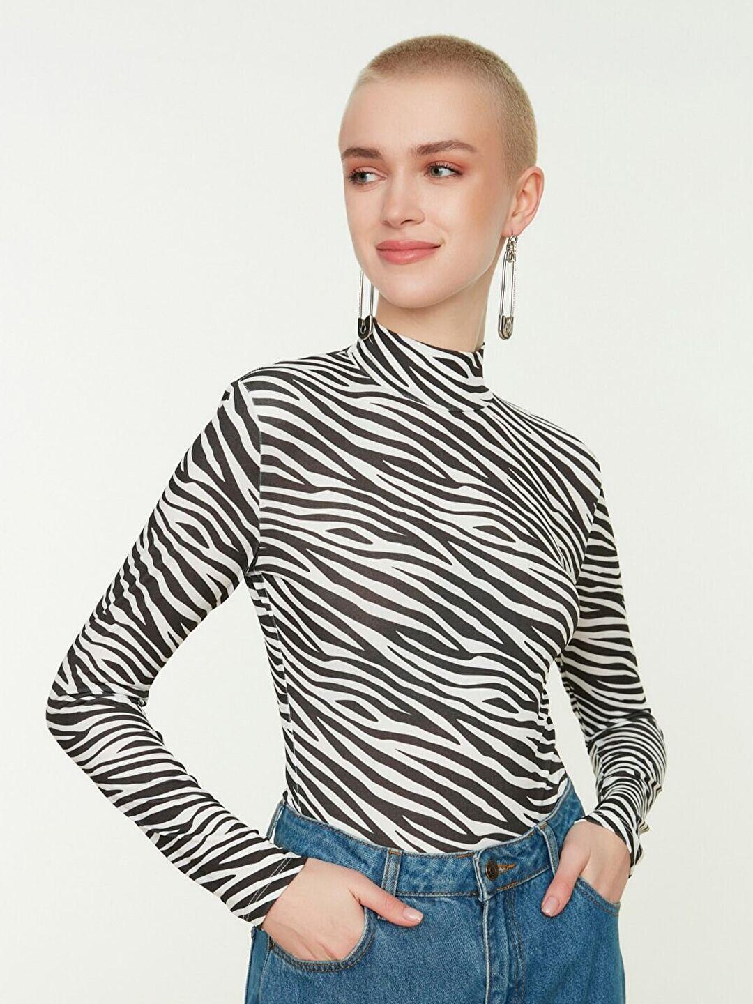 trendyol women black & white animal printed high neck top