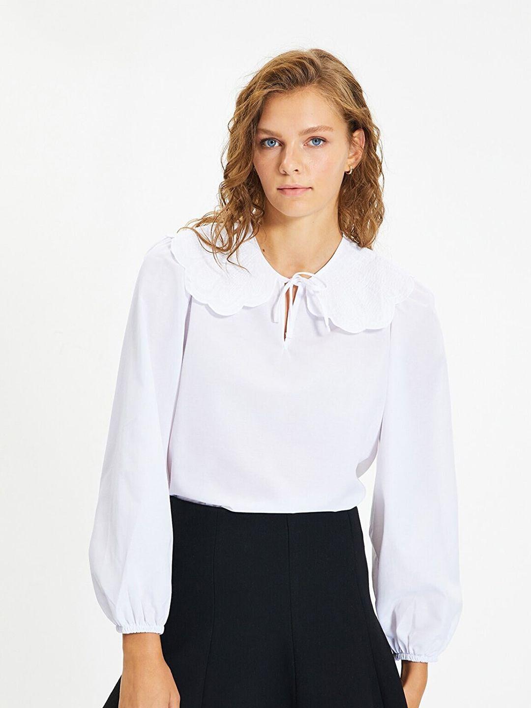 trendyol off white tie-up neck bishop sleeves top