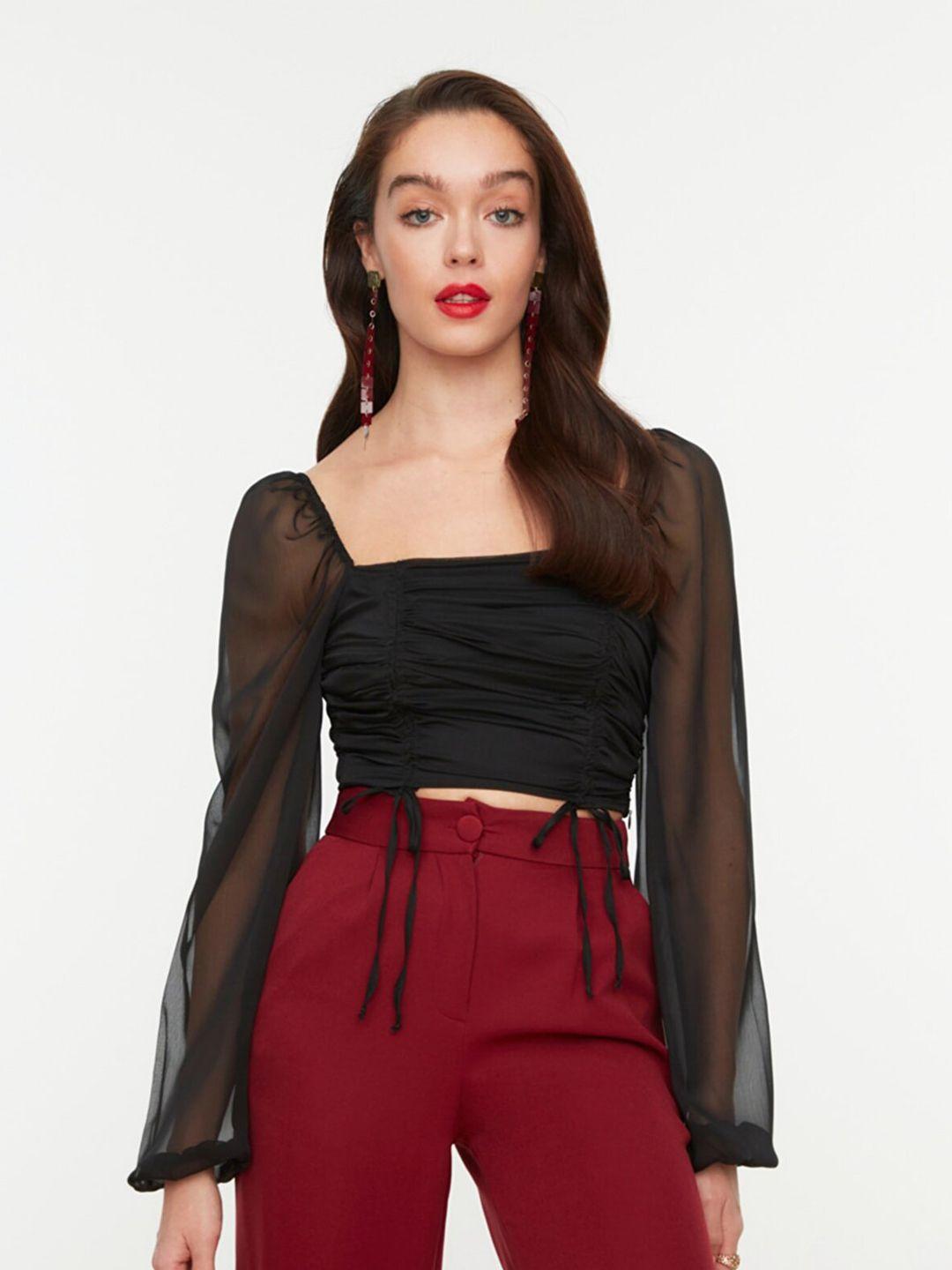 trendyol women black ruched crop top