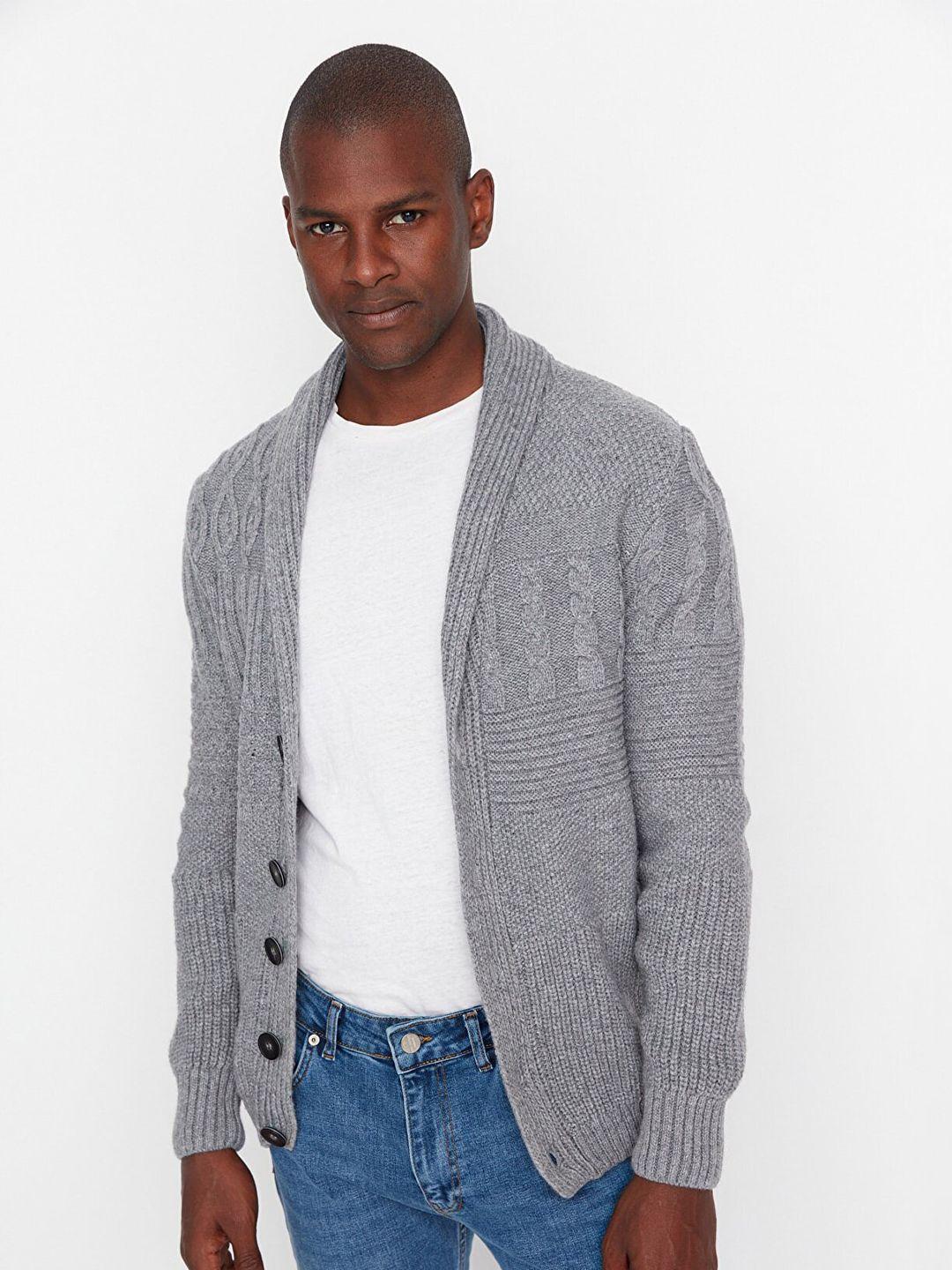 trendyol men grey cable knit cardigan