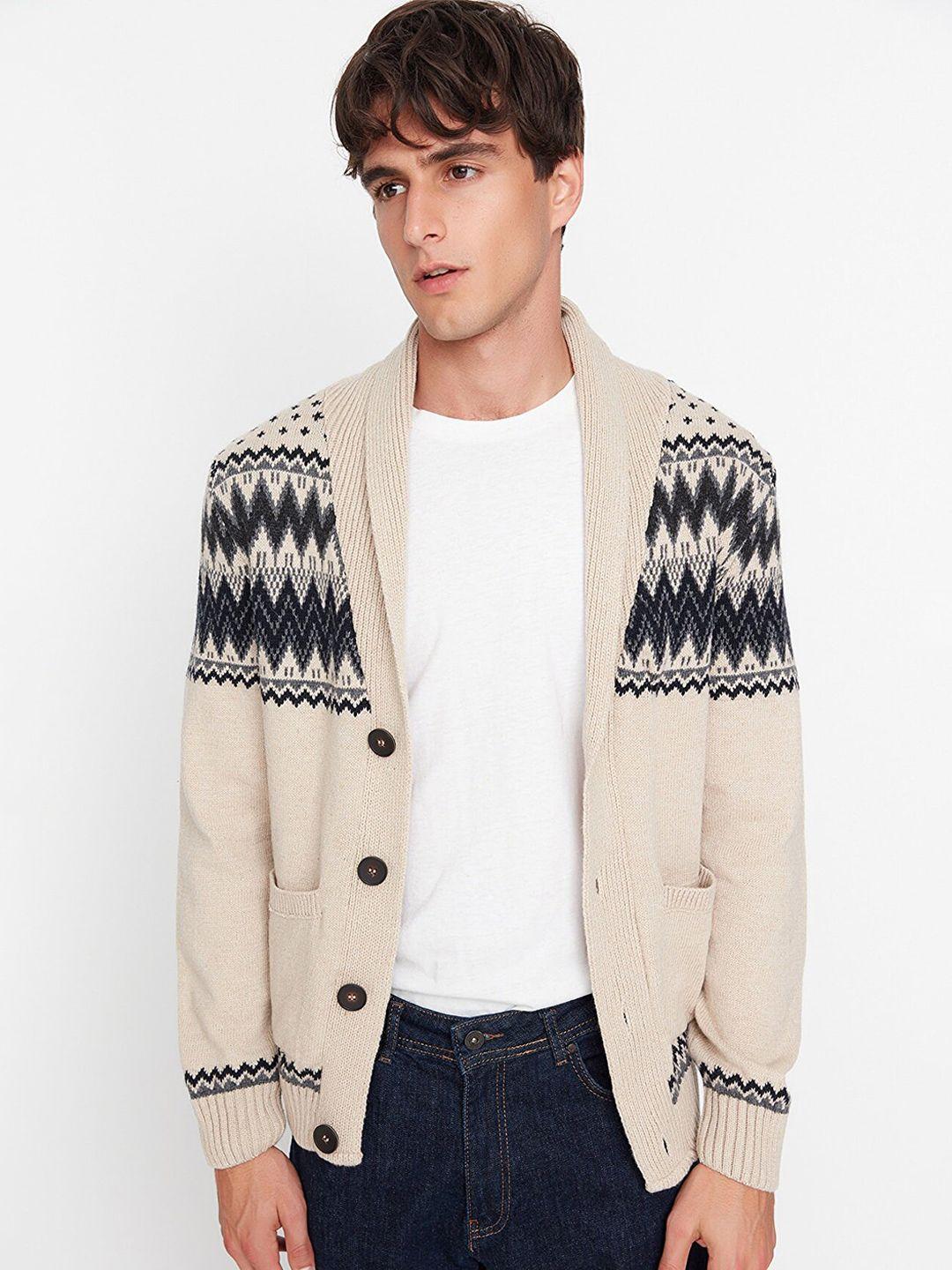 trendyol men beige & black printed cardigan