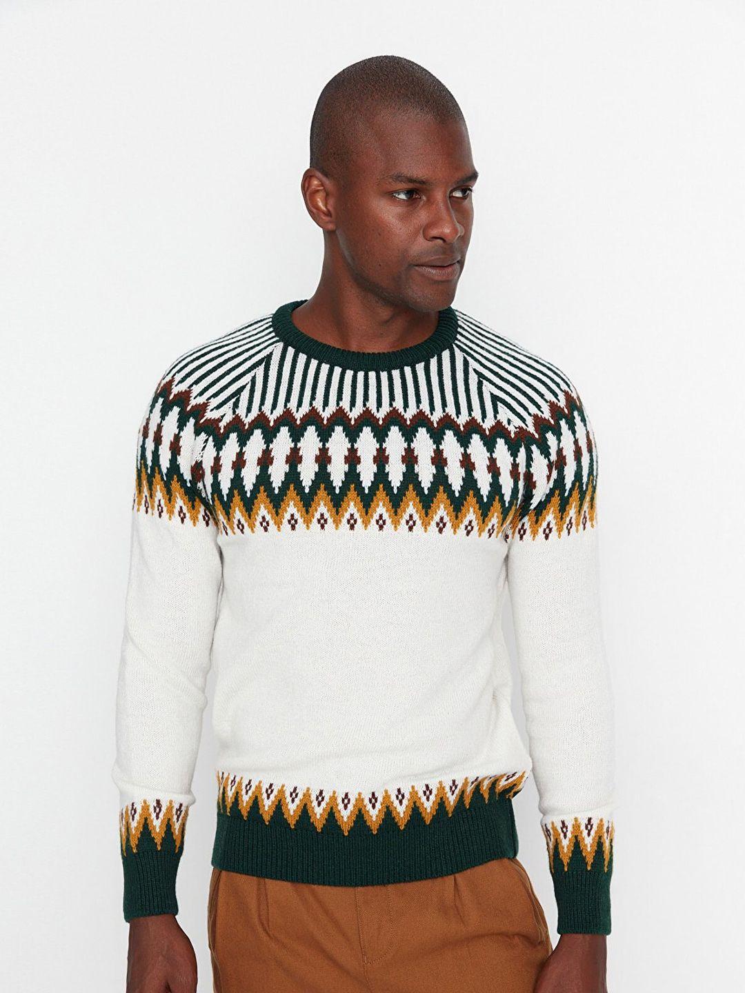 trendyol men beige & white printed pullover