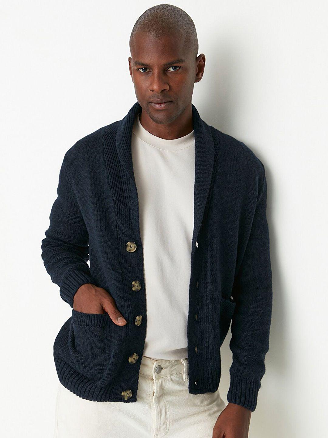 trendyol men navy blue solid cardigan