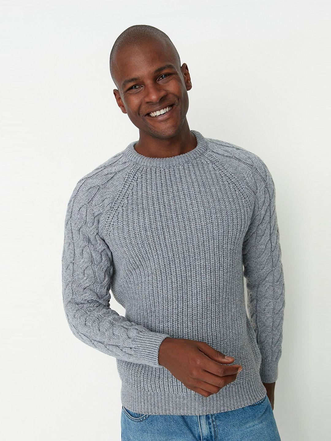 trendyol men grey cable knit pullover