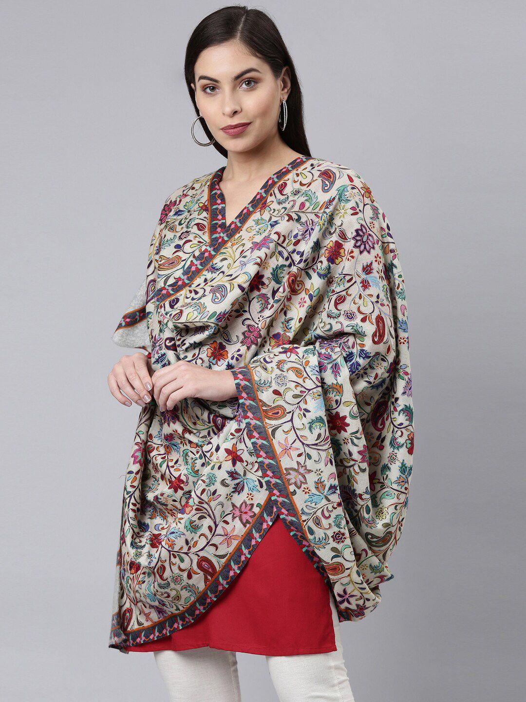 pashmoda women white printed pure wool kalamkari shawl