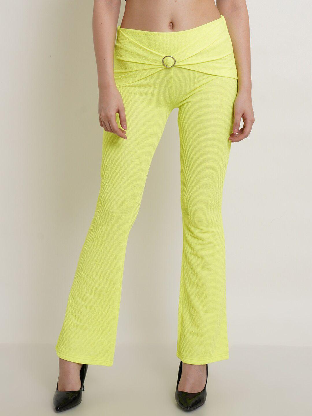 popwings women lime green solid bootcut trousers