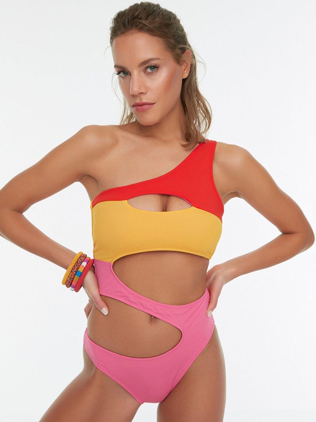 trendyol women yellow & pink colorblocked cut-out bodysuit swimwear