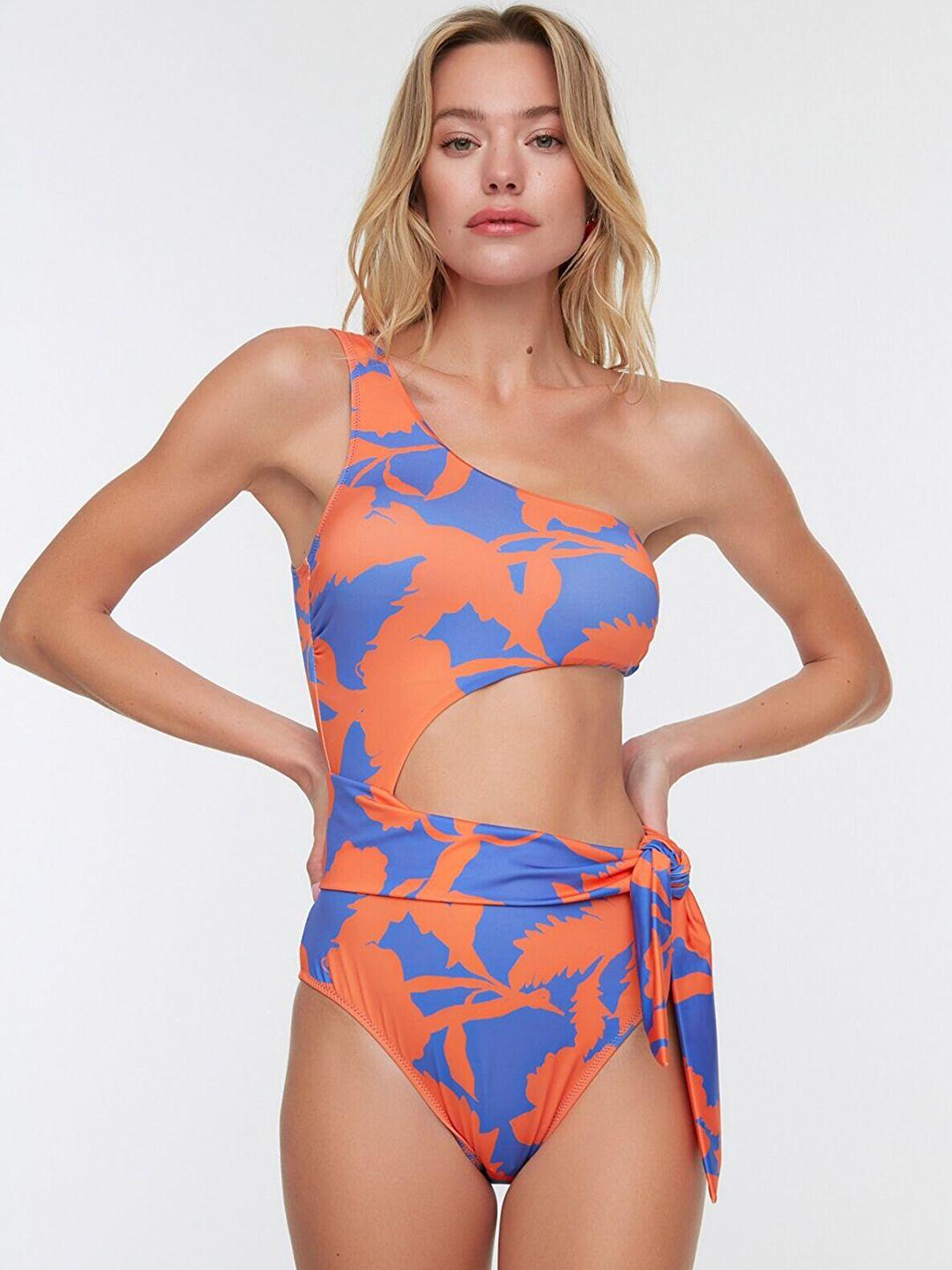 trendyol women orange & blue printed swimwear