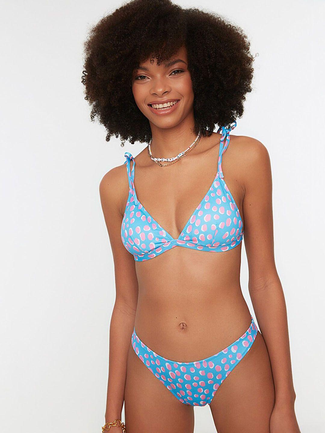 trendyol women blue & pink printed swim bikini set