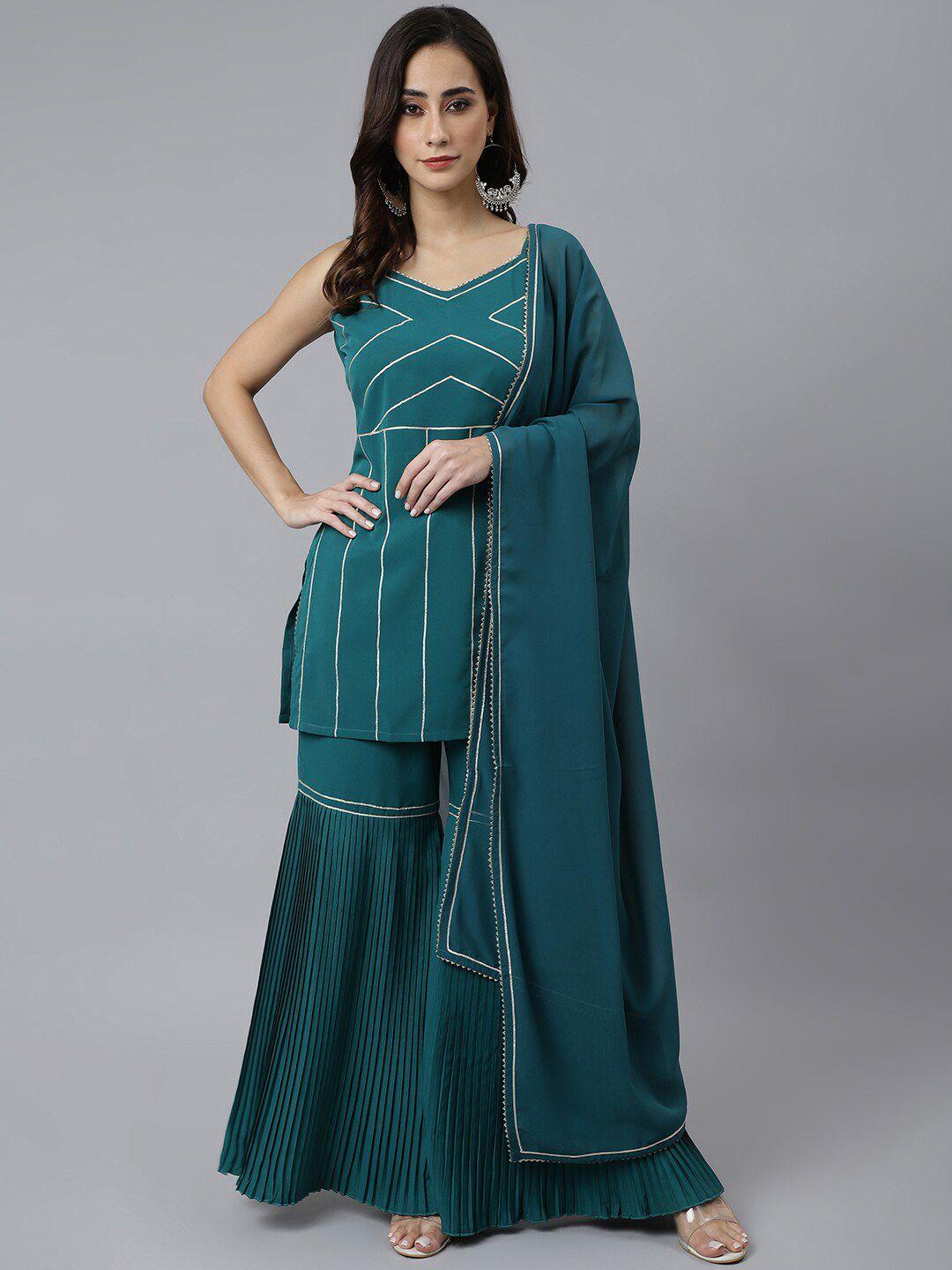 janasya women teal green crepe gotta lace kurta with sharara and dupatta