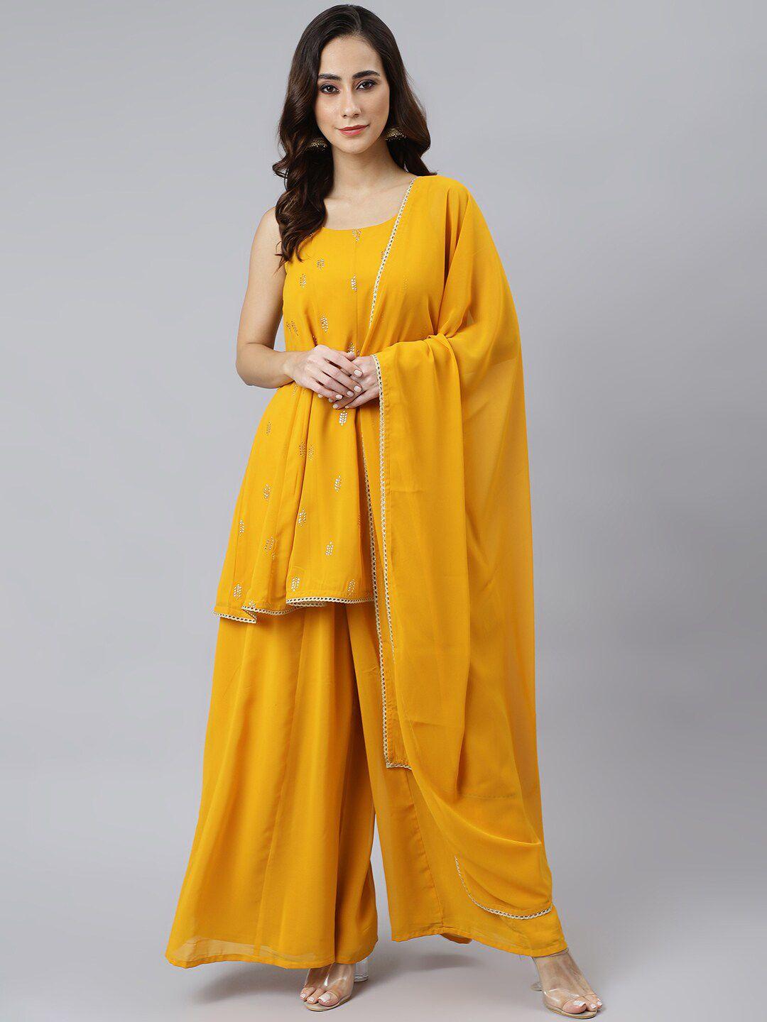 janasya women mustard yellow georgette embossed gold print kurta with palazzos and dupatta