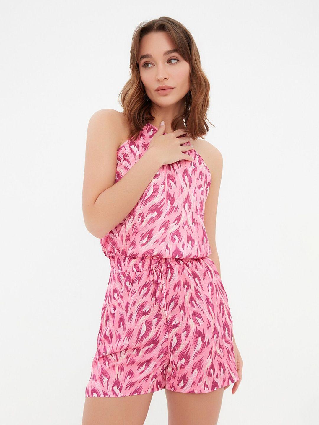 trendyol pink & white halter neck printed jumpsuit