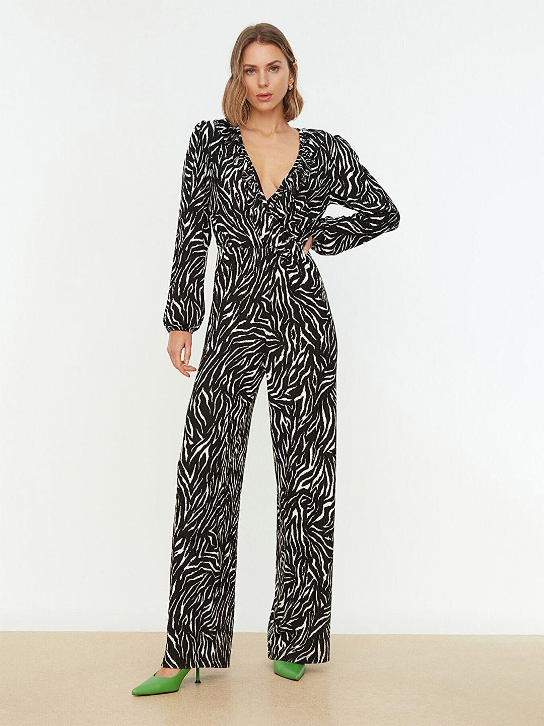 trendyol black & white printed pure cotton basic jumpsuit