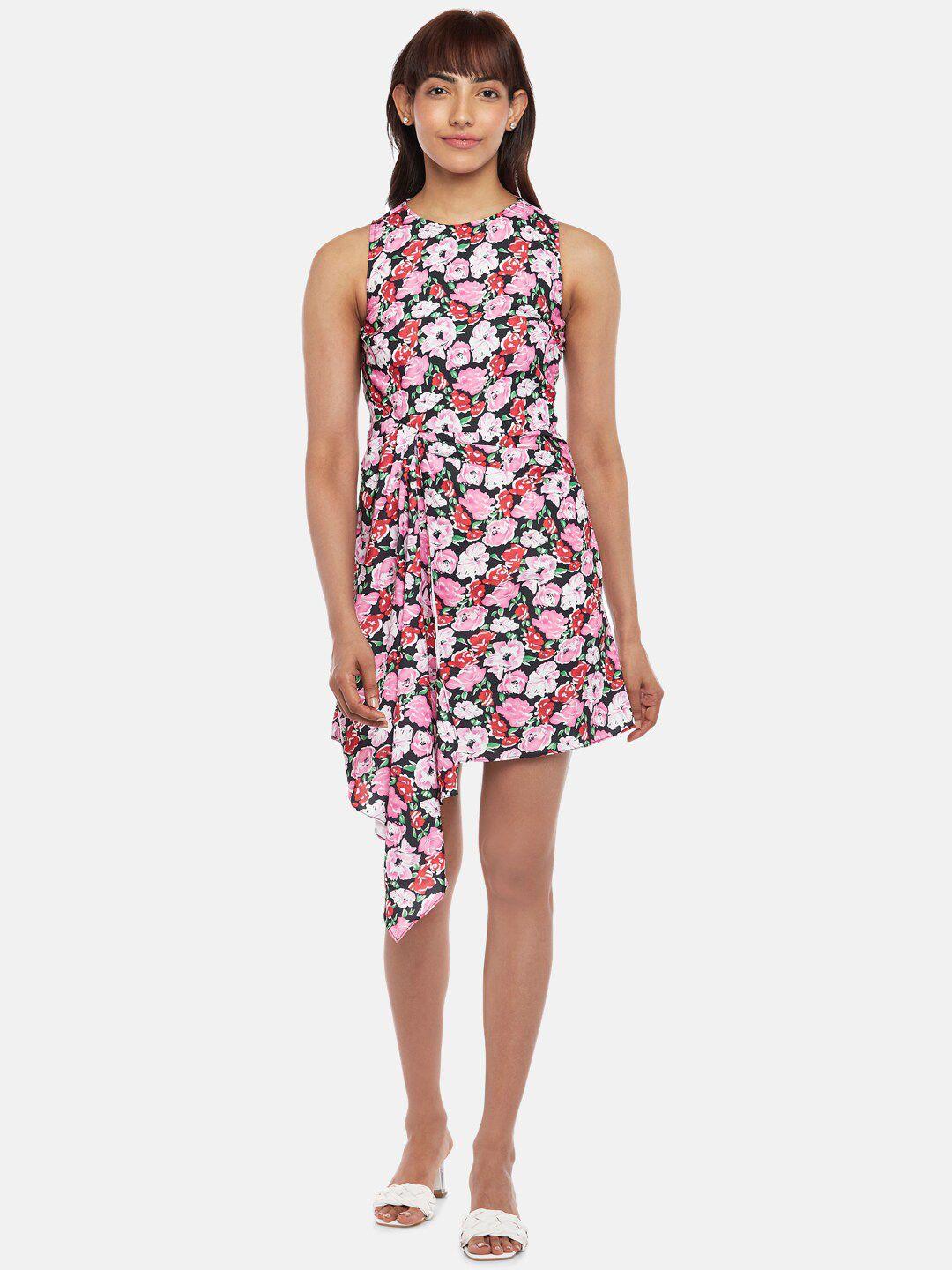 honey by pantaloons women black & pink floral sleeveless sheath dress