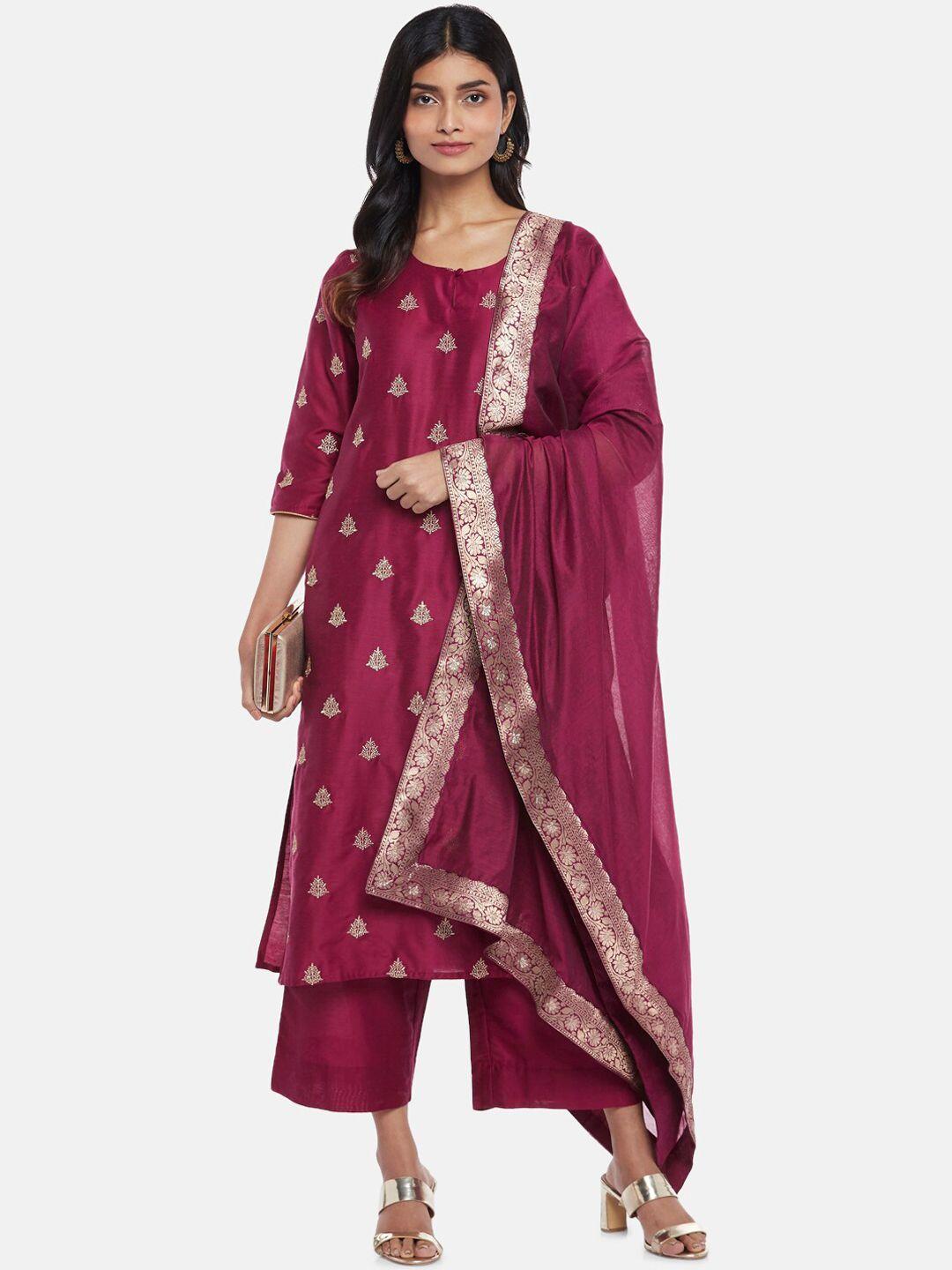 rangmanch by pantaloons women magenta printed kurta with palazzos & dupatta